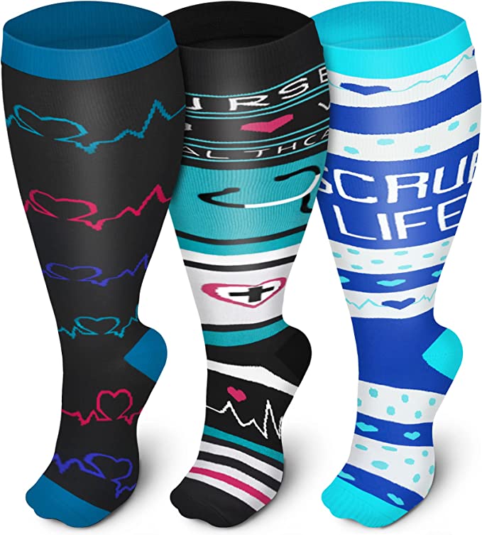 3 Pairs Unisex Nursing Wide Calf Compression Socks  (20-30 mmHG