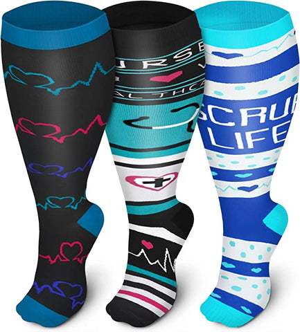 3 Pairs Unisex Nursing Wide Calf Compression Socks  (20-30 mmHG