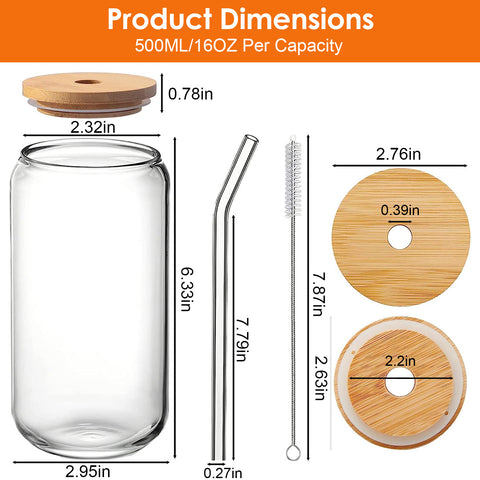 6Pcs 16OZ Mason Jar Cups with Bamboo Lids ,Glass Straws & Cleaning Brush