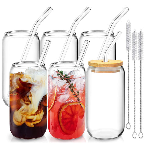 6Pcs 16OZ Mason Jar Cups with Bamboo Lids ,Glass Straws & Cleaning Brush