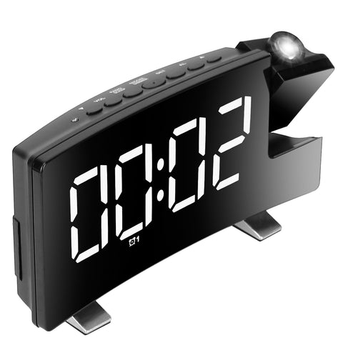 Projection LED Digital Alarm Clock with Radio Function 7.7In Curved-Screen w/ Dual Alarms 4 Dimmer