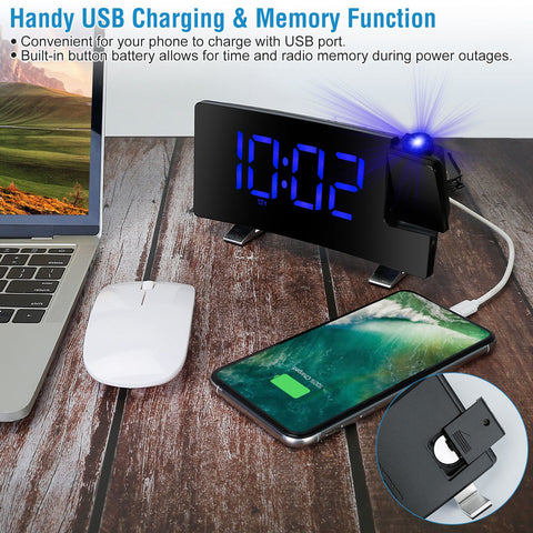 Projection LED Digital Alarm Clock with Radio Function 7.7In Curved-Screen w/ Dual Alarms 4 Dimmer