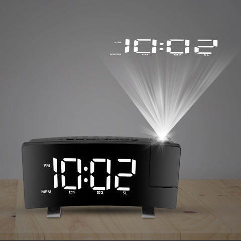 Projection LED Digital Alarm Clock with Radio Function 7.7In Curved-Screen w/ Dual Alarms 4 Dimmer
