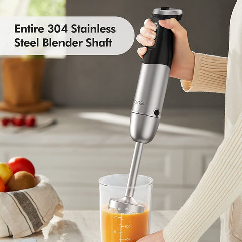 Immersion  Multifunctional 5-in-1 Handheld Blender, 12-Speeds, Includes 600ml Mixing Beaker, 500ml Chopper, Whisk Attachment and Milk Frother. Stainless Steel