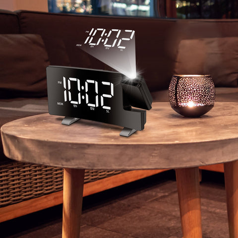 Projection LED Digital Alarm Clock with Radio Function 7.7In Curved-Screen w/ Dual Alarms 4 Dimmer