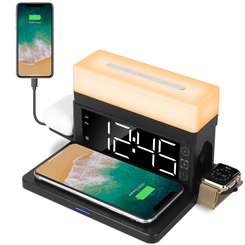 3 in 1 Wireless Charger  Station Dock with Alarm Clock and Dimmable  Night Light; Compatible with iPhone 14/13/12/11/Pro Max/iWatch/AirPods