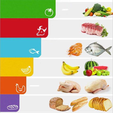 Set of 6 Color Coded  Chopping Board Mats with Food Icons & Easy-Grip Handles. Non-Porous Dishwasher Safe