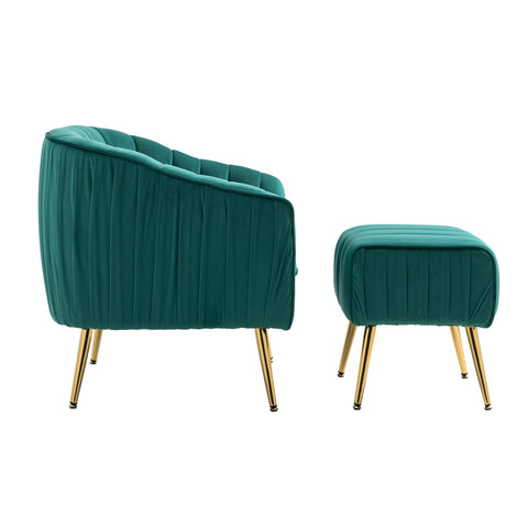 Modern Tufted Barrel Chair With  Ottoman Set , Golden Finished; Green.