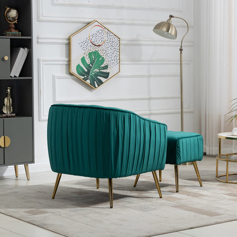 Modern Tufted Barrel Chair With  Ottoman Set , Golden Finished; Green.