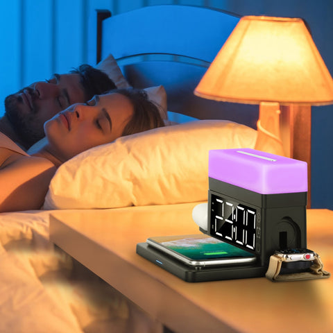 3 in 1 Wireless Charger  Station Dock with Alarm Clock and Dimmable  Night Light; Compatible with iPhone 14/13/12/11/Pro Max/iWatch/AirPods