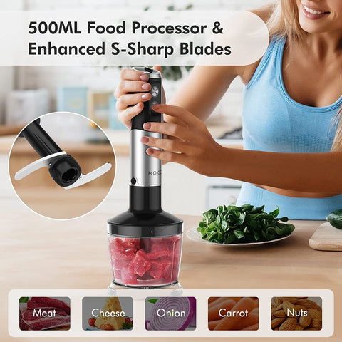 Immersion  Multifunctional 5-in-1 Handheld Blender, 12-Speeds, Includes 600ml Mixing Beaker, 500ml Chopper, Whisk Attachment and Milk Frother. Stainless Steel