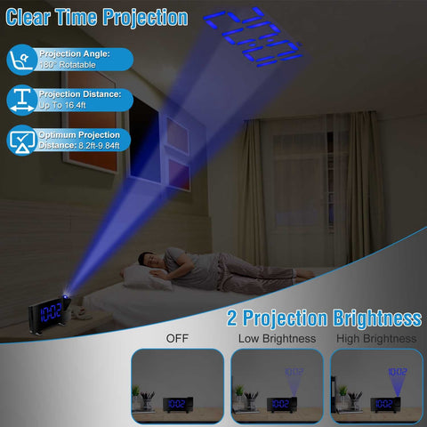 Projection LED Digital Alarm Clock with Radio Function 7.7In Curved-Screen w/ Dual Alarms 4 Dimmer