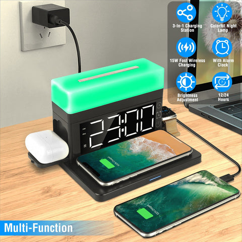 3 in 1 Wireless Charger  Station Dock with Alarm Clock and Dimmable  Night Light; Compatible with iPhone 14/13/12/11/Pro Max/iWatch/AirPods