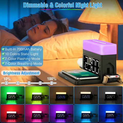 3 in 1 Wireless Charger  Station Dock with Alarm Clock and Dimmable  Night Light; Compatible with iPhone 14/13/12/11/Pro Max/iWatch/AirPods
