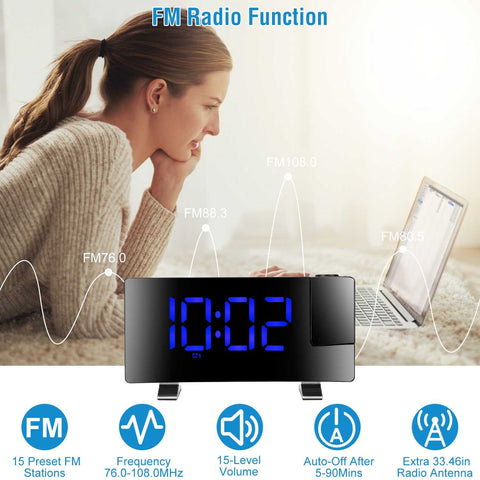 Projection LED Digital Alarm Clock with Radio Function 7.7In Curved-Screen w/ Dual Alarms 4 Dimmer