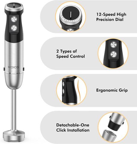 Immersion  Multifunctional 5-in-1 Handheld Blender, 12-Speeds, Includes 600ml Mixing Beaker, 500ml Chopper, Whisk Attachment and Milk Frother. Stainless Steel