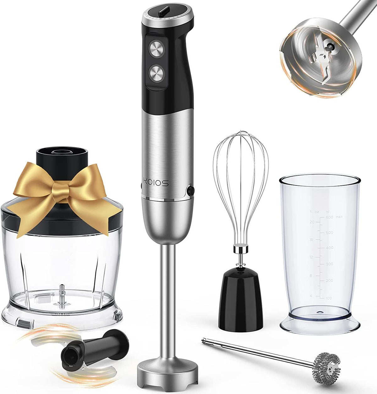 Immersion  Multifunctional 5-in-1 Handheld Blender, 12-Speeds, Includes 600ml Mixing Beaker, 500ml Chopper, Whisk Attachment and Milk Frother. Stainless Steel