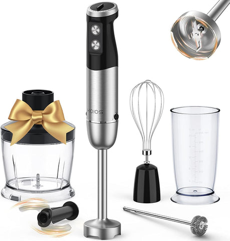 Immersion  Multifunctional 5-in-1 Handheld Blender, 12-Speeds, Includes 600ml Mixing Beaker, 500ml Chopper, Whisk Attachment and Milk Frother. Stainless Steel