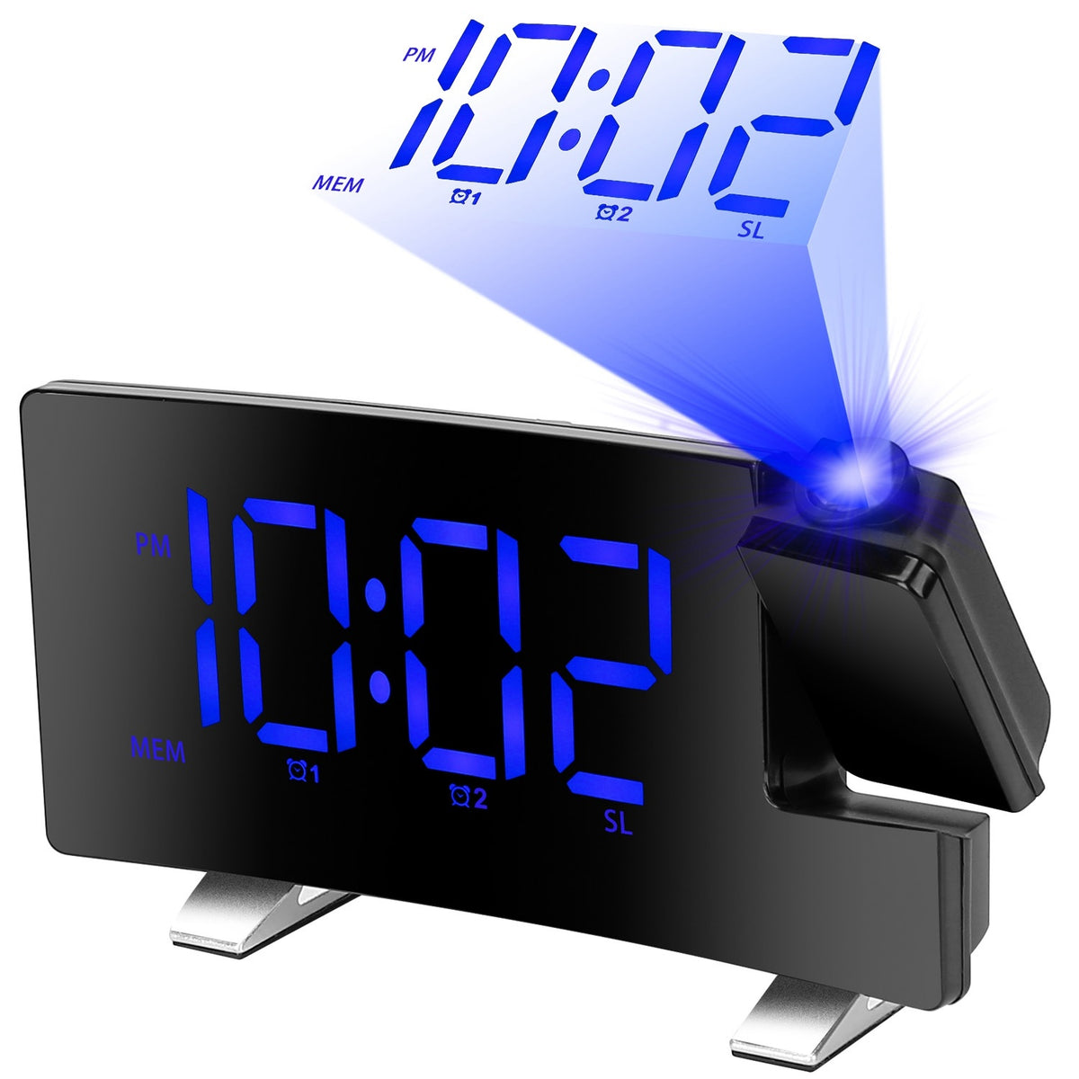 Projection LED Digital Alarm Clock with Radio Function 7.7In Curved-Screen w/ Dual Alarms 4 Dimmer