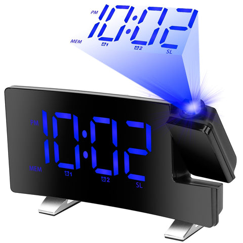 Projection LED Digital Alarm Clock with Radio Function 7.7In Curved-Screen w/ Dual Alarms 4 Dimmer