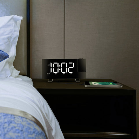 Projection LED Digital Alarm Clock with Radio Function 7.7In Curved-Screen w/ Dual Alarms 4 Dimmer