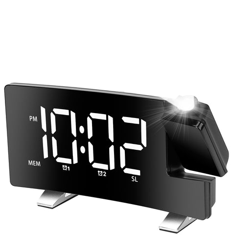 Projection LED Digital Alarm Clock with Radio Function 7.7In Curved-Screen w/ Dual Alarms 4 Dimmer