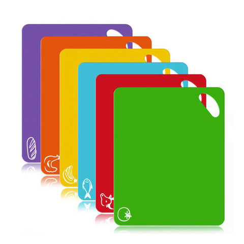 Set of 6 Color Coded  Chopping Board Mats with Food Icons & Easy-Grip Handles. Non-Porous Dishwasher Safe