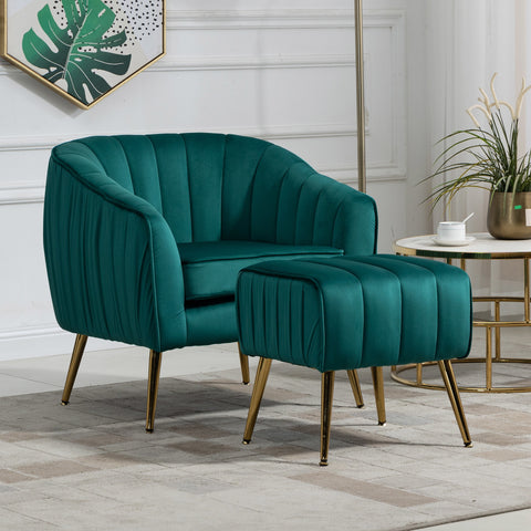 Modern Tufted Barrel Chair With  Ottoman Set , Golden Finished; Green.