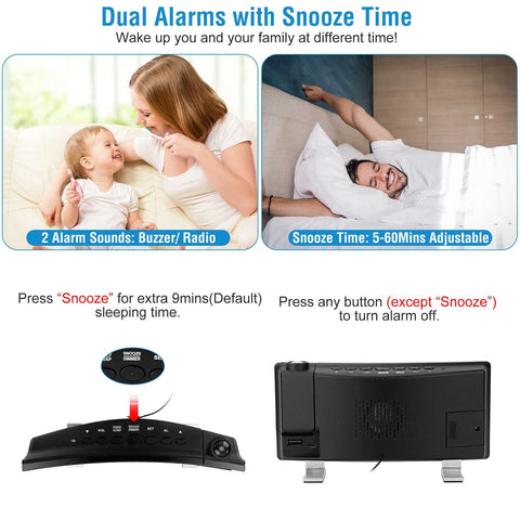 Projection LED Digital Alarm Clock with Radio Function 7.7In Curved-Screen w/ Dual Alarms 4 Dimmer