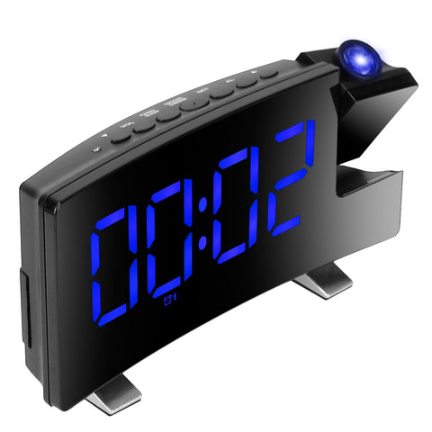 Projection LED Digital Alarm Clock with Radio Function 7.7In Curved-Screen w/ Dual Alarms 4 Dimmer