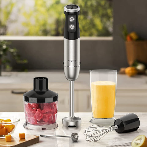 Immersion  Multifunctional 5-in-1 Handheld Blender, 12-Speeds, Includes 600ml Mixing Beaker, 500ml Chopper, Whisk Attachment and Milk Frother. Stainless Steel