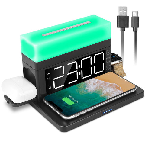 3 in 1 Wireless Charger  Station Dock with Alarm Clock and Dimmable  Night Light; Compatible with iPhone 14/13/12/11/Pro Max/iWatch/AirPods