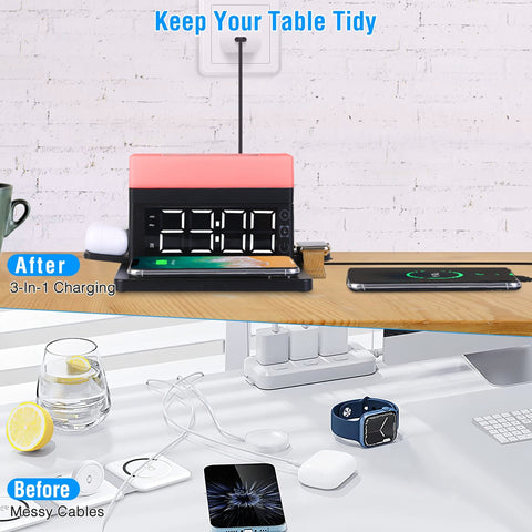 3 in 1 Wireless Charger  Station Dock with Alarm Clock and Dimmable  Night Light; Compatible with iPhone 14/13/12/11/Pro Max/iWatch/AirPods