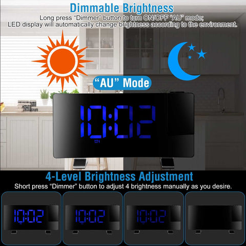 Projection LED Digital Alarm Clock with Radio Function 7.7In Curved-Screen w/ Dual Alarms 4 Dimmer