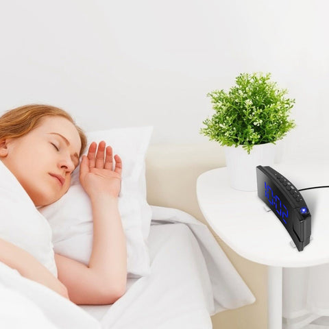 Projection LED Digital Alarm Clock with Radio Function 7.7In Curved-Screen w/ Dual Alarms 4 Dimmer