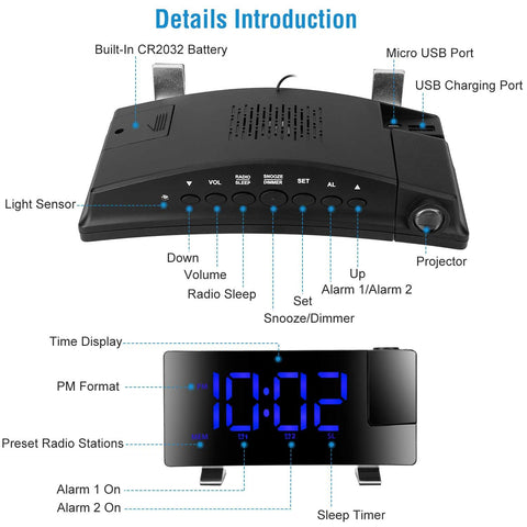 Projection LED Digital Alarm Clock with Radio Function 7.7In Curved-Screen w/ Dual Alarms 4 Dimmer