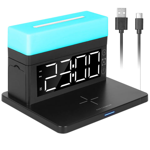 3 in 1 Wireless Charger  Station Dock with Alarm Clock and Dimmable  Night Light; Compatible with iPhone 14/13/12/11/Pro Max/iWatch/AirPods