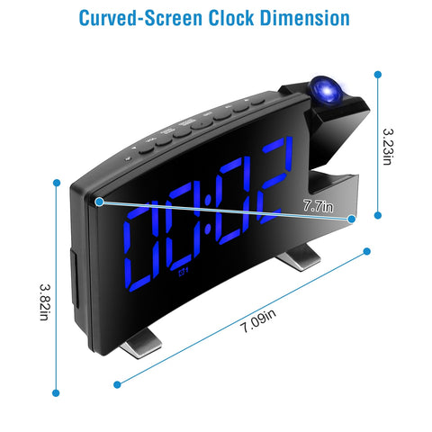 Projection LED Digital Alarm Clock with Radio Function 7.7In Curved-Screen w/ Dual Alarms 4 Dimmer