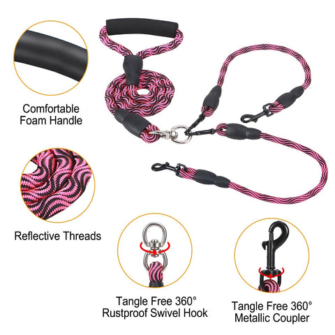 Swivel Coupler Reflective Double Dog Leash - Padded Handle