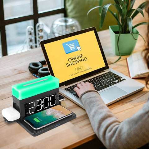 3 in 1 Wireless Charger  Station Dock with Alarm Clock and Dimmable  Night Light; Compatible with iPhone 14/13/12/11/Pro Max/iWatch/AirPods