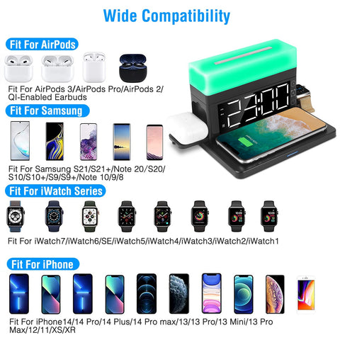 3 in 1 Wireless Charger  Station Dock with Alarm Clock and Dimmable  Night Light; Compatible with iPhone 14/13/12/11/Pro Max/iWatch/AirPods