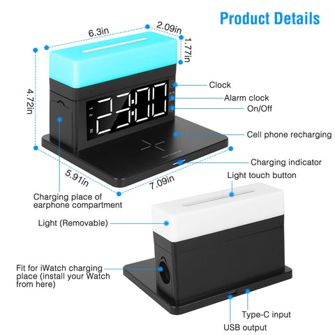 3 in 1 Wireless Charger  Station Dock with Alarm Clock and Dimmable  Night Light; Compatible with iPhone 14/13/12/11/Pro Max/iWatch/AirPods